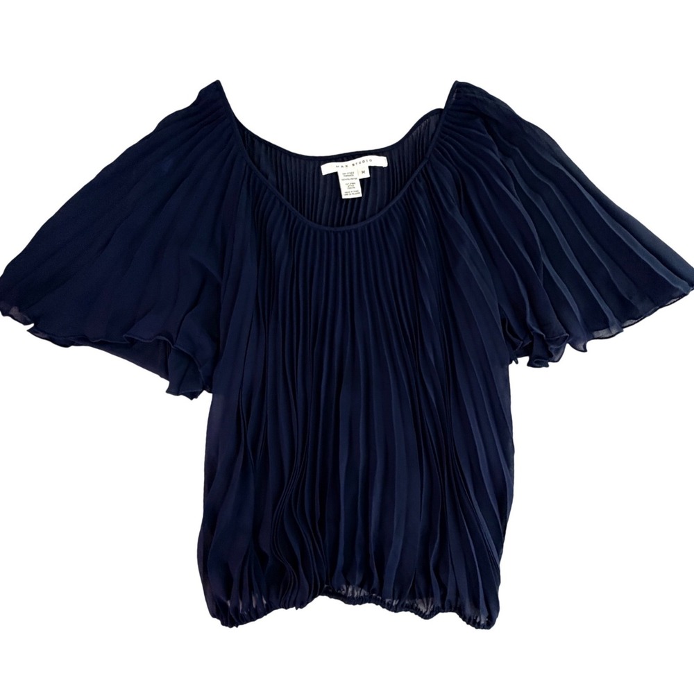 Navy Blue Pleated Flutter Sleeve Bubble Hem Blouse 1708X36 Mens M